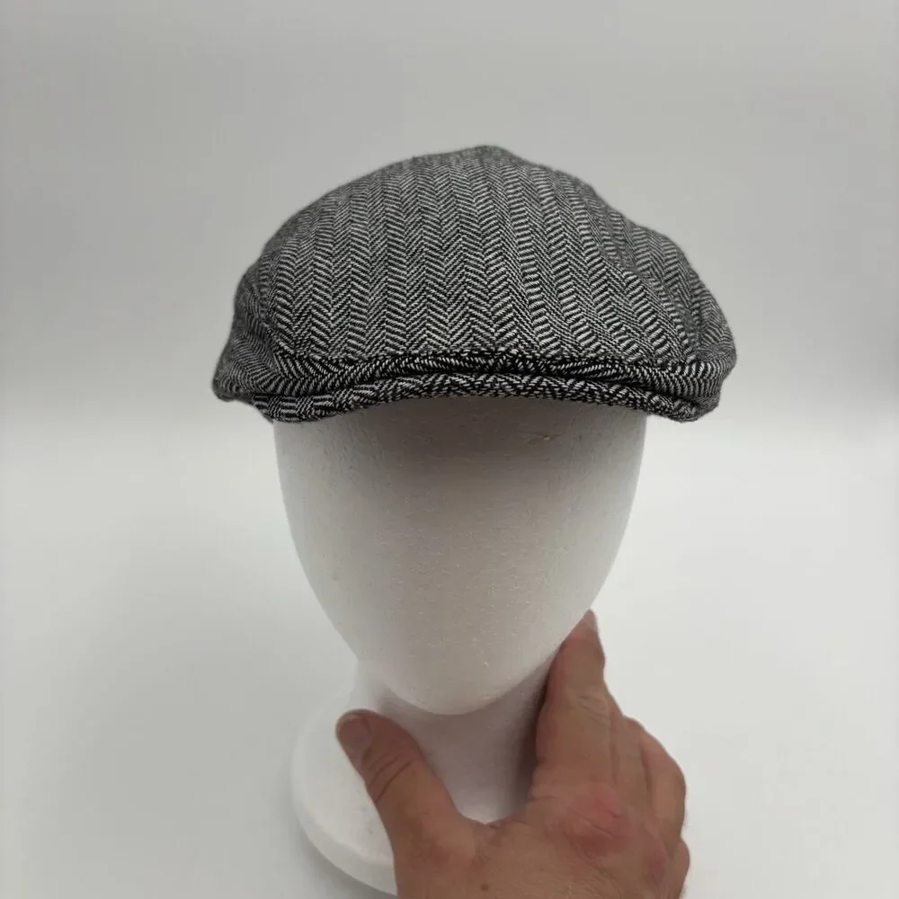 Mens Herringbone Flat Cap Black White 30% Wool Blend Newsboy Ivy Driving Hat